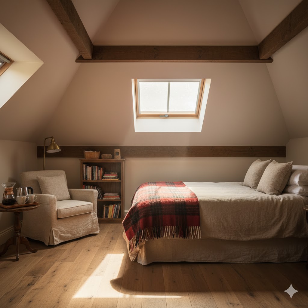 Loft room with skylight and queen bed